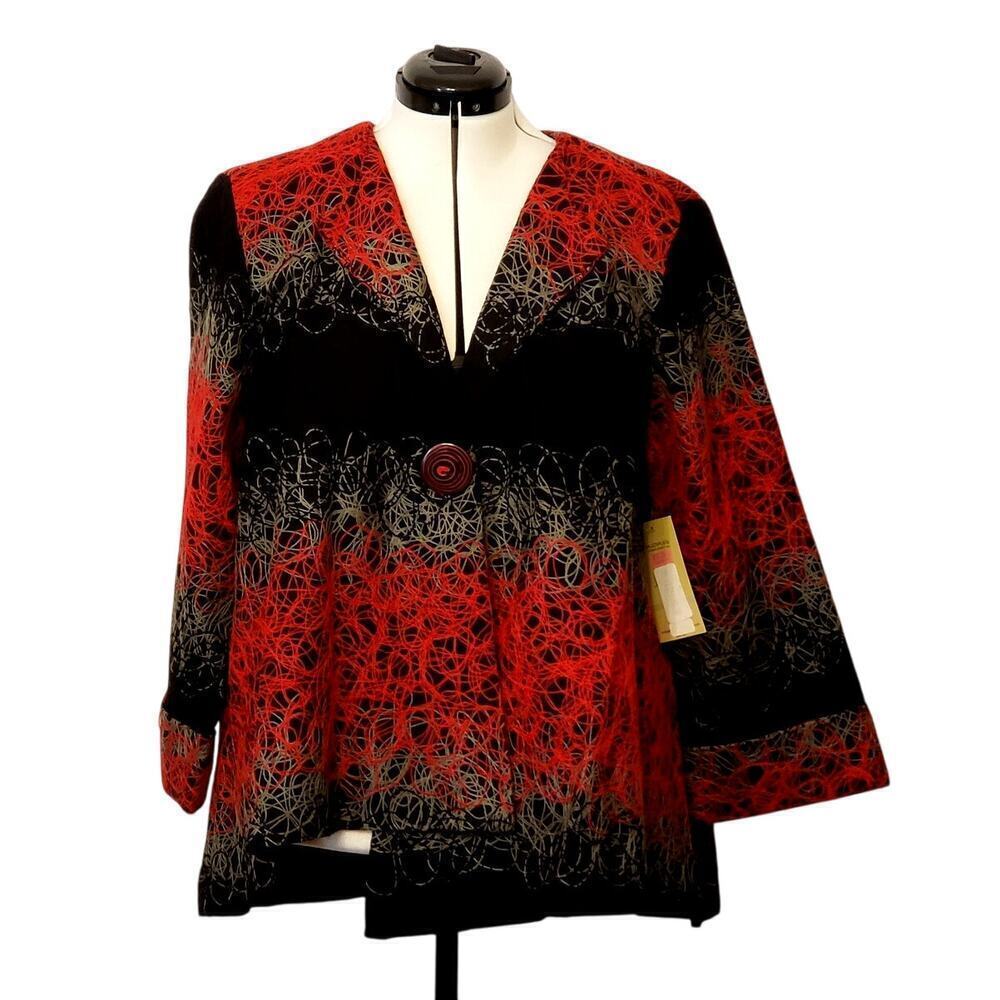 Multiples Red Black Gray Artsy Boho Asymmetrical Hem Blazer Jacket, SZ 1X